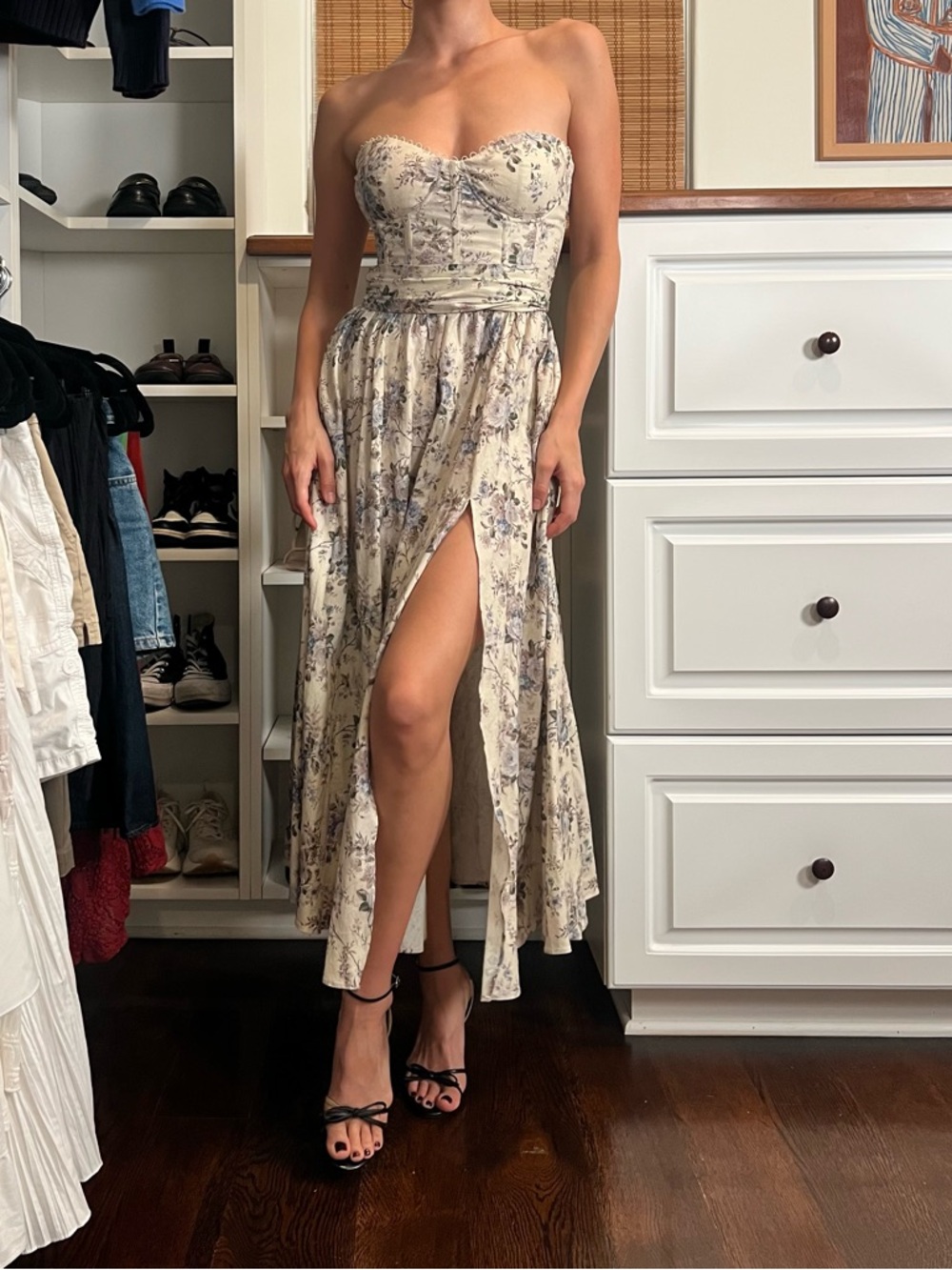 V. Chapman Cream Floral Strapless Corset Dress with Blue Accents